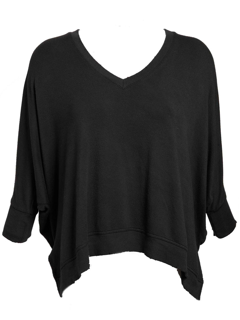 LVHR Sabina V Neck in black. Micro modal french terry domain 3/4 sleeve top with slightly distressed rib cuff and hem and side slits. Front.
