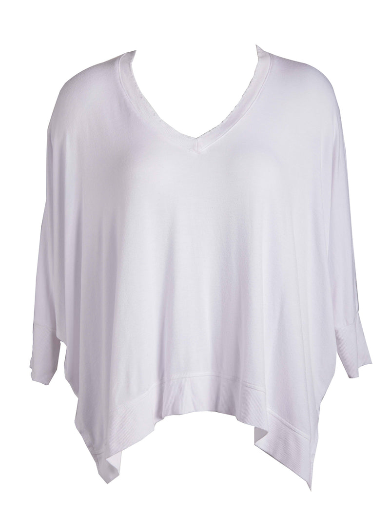 LVHR Sabina V Neck in white. Micro modal french terry domain 3/4 sleeve top with slightly distressed rib cuff and hem and side slits. Front.