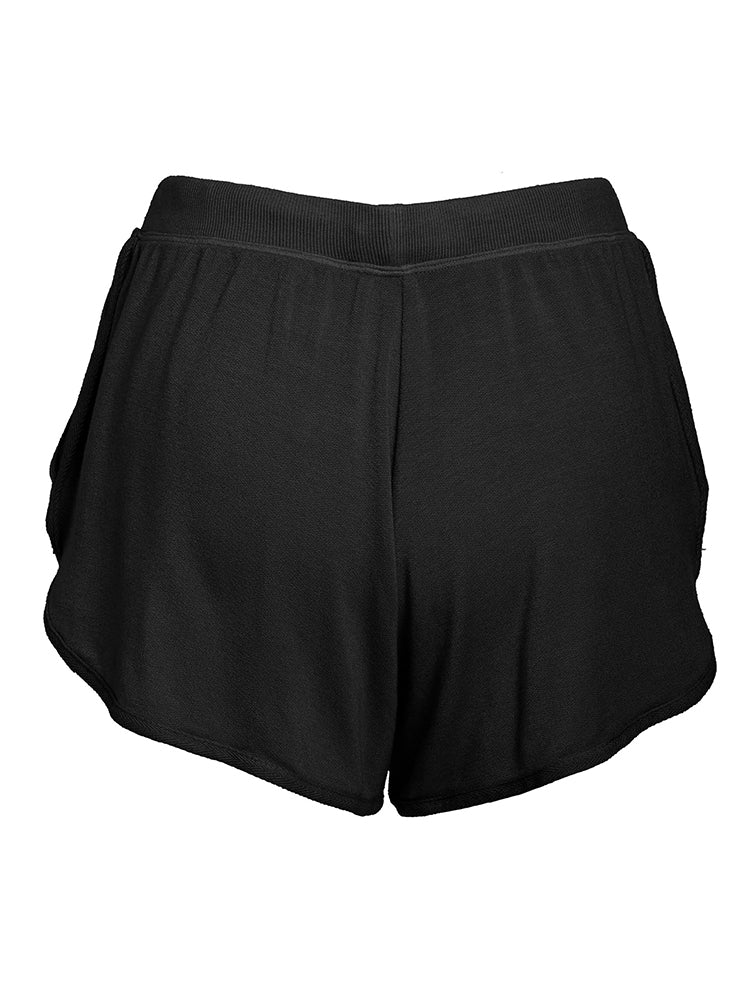 LVHR Sabina Shortie in black. Micro modal french terry short with side twill tape detail, side pockets, adjustable drawstring and elastic waistband. Back.