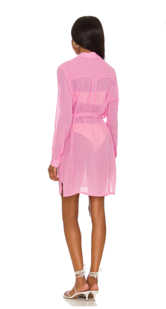 LVHR Nikki Dress in pink. Semi-sheer soft bamboo cotton with collar, cuffs, side pockets, metal buttons and adjustable waist belt. Back.