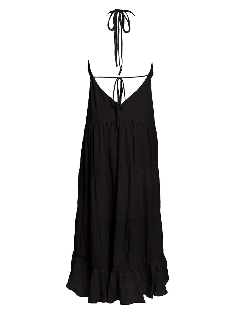LVHR Serena Maxi in black. Semi-sheer soft bamboo cotton halter style maxi dress with double layer cups and body. Playful ruffled hem and sexy low back  Adjustable neck and under bust ties. Back.