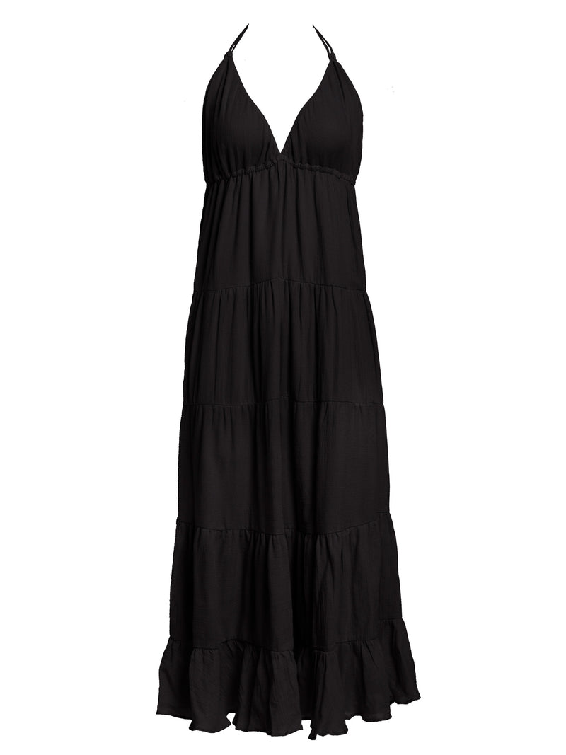 LVHR Serena Maxi in black. Semi-sheer soft bamboo cotton halter style maxi dress with double layer cups and body. Playful ruffled hem and sexy low back  Adjustable neck and under bust ties. Front.