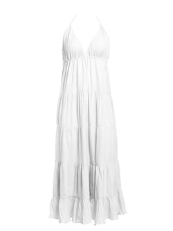 LVHR Serena Maxi in white. Semi-sheer soft bamboo cotton halter style maxi dress with double layer cups and body. Playful ruffled hem and sexy low back  Adjustable neck and under bust ties. Front.