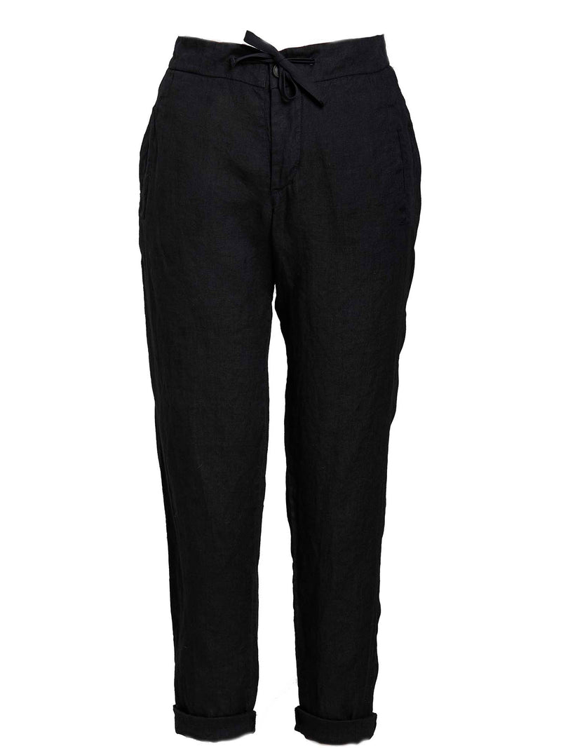 LVHR Taylor Crop Pant in black. Washed linen slightly cropped pant with front pockets and adjustable drawstring waistband. Front