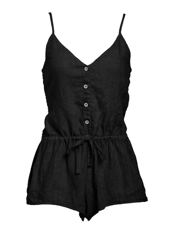 LVHR Taylor Romper in black. Washed linen romper with front pockets metal button front placket and adjustable drawstring waistband. Front.