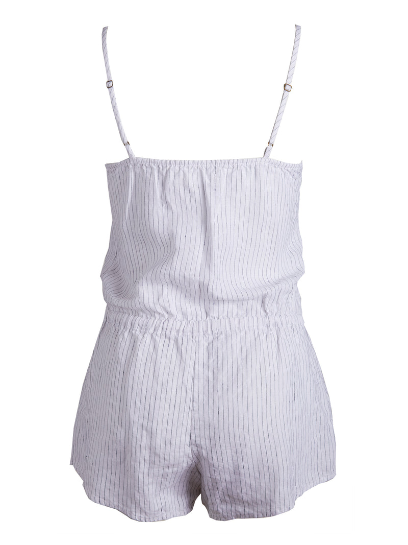 LVHR Taylor Romper in white and navy pinstripe. Washed linen romper with front pockets metal button front placket and adjustable drawstring waistband. Back.
