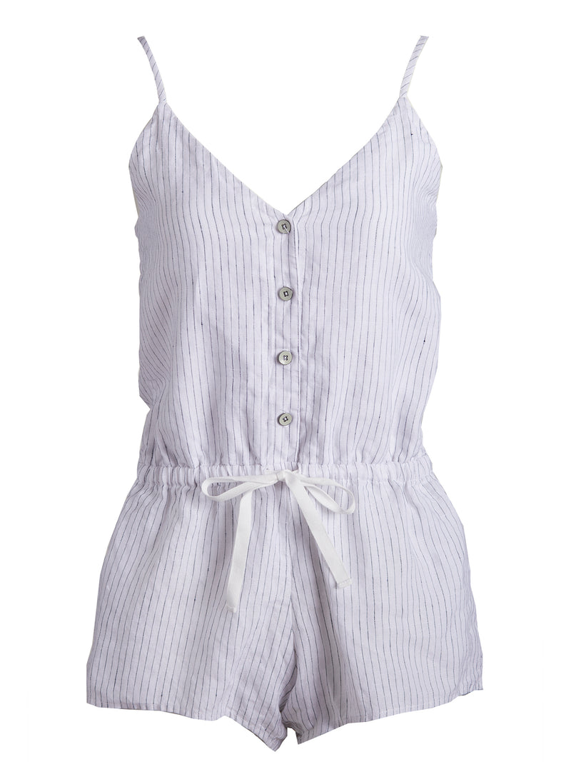 LVHR Taylor Romper in white and navy pinstripe. Washed linen romper with front pockets metal button front placket and adjustable drawstring waistband. Front