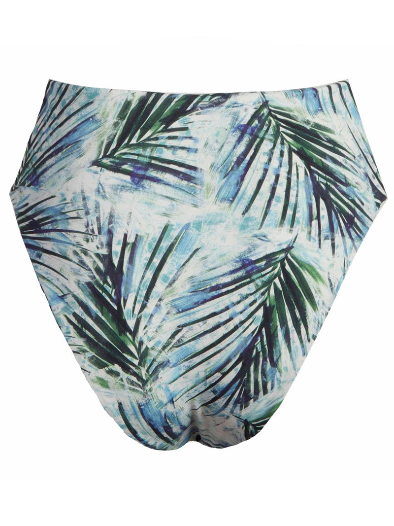 LVHR Kiera High-Waisted Bottom in blue palm print. Compressive, soft nylon swim fabric. High waist with medium back coverage. Back.
