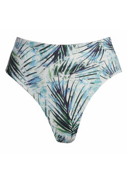 LVHR Kiera High-Waisted Bottom in blue palm print. Compressive, soft nylon swim fabric. High waist with medium back coverage. Front.
