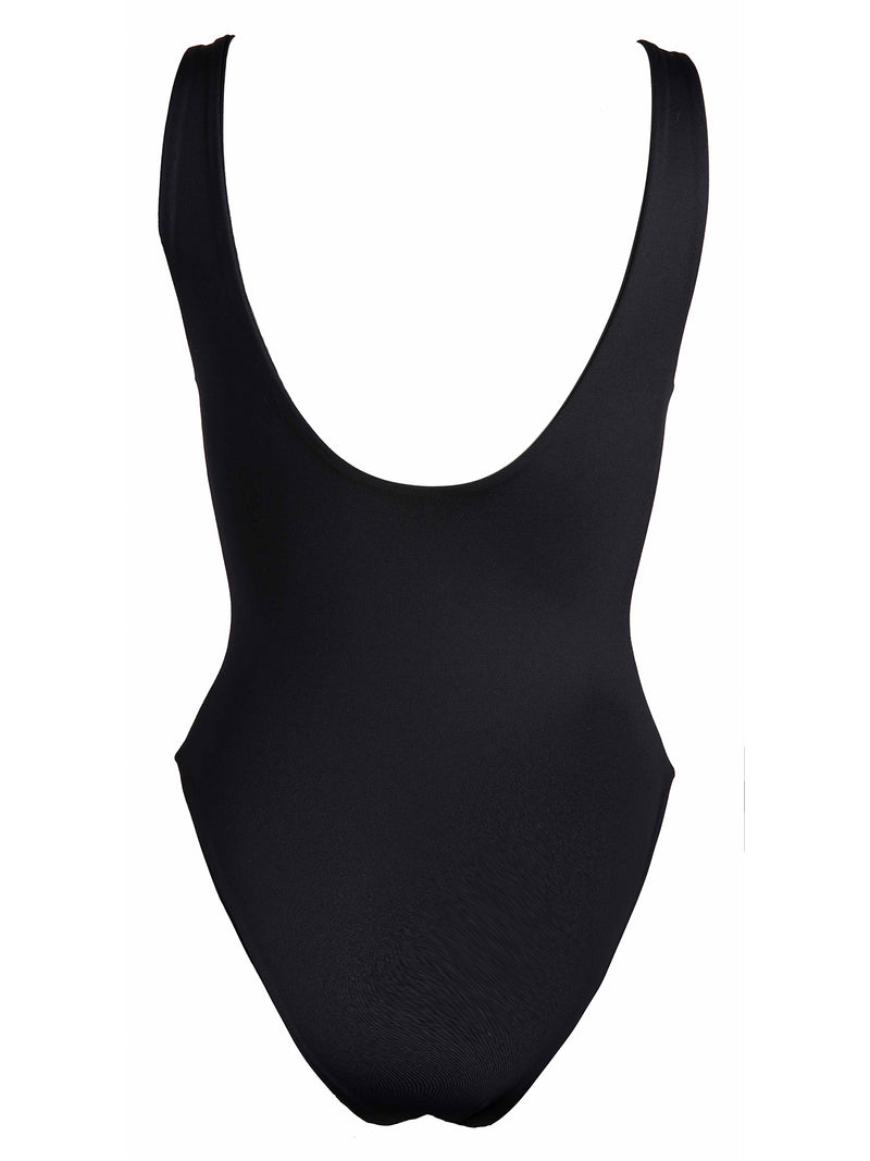 LVHR Krissy One Piece in black. Compressive, soft nylon swim fabric. Scoop back with medium bottom coverage. Back.