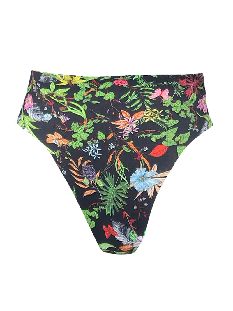 LVHR Kiera High-Waisted Bottom in botanical  print. Compressive, soft nylon swim fabric. High waist with medium back coverage. Front.