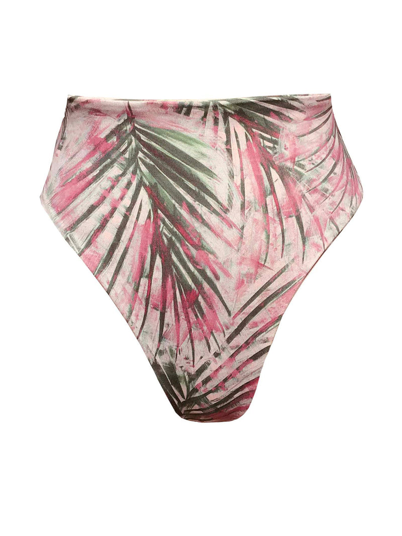 LVHR Kiera High-Waisted Bottom in pink palm print. Compressive, soft nylon swim fabric. High waist with medium back coverage. Front.