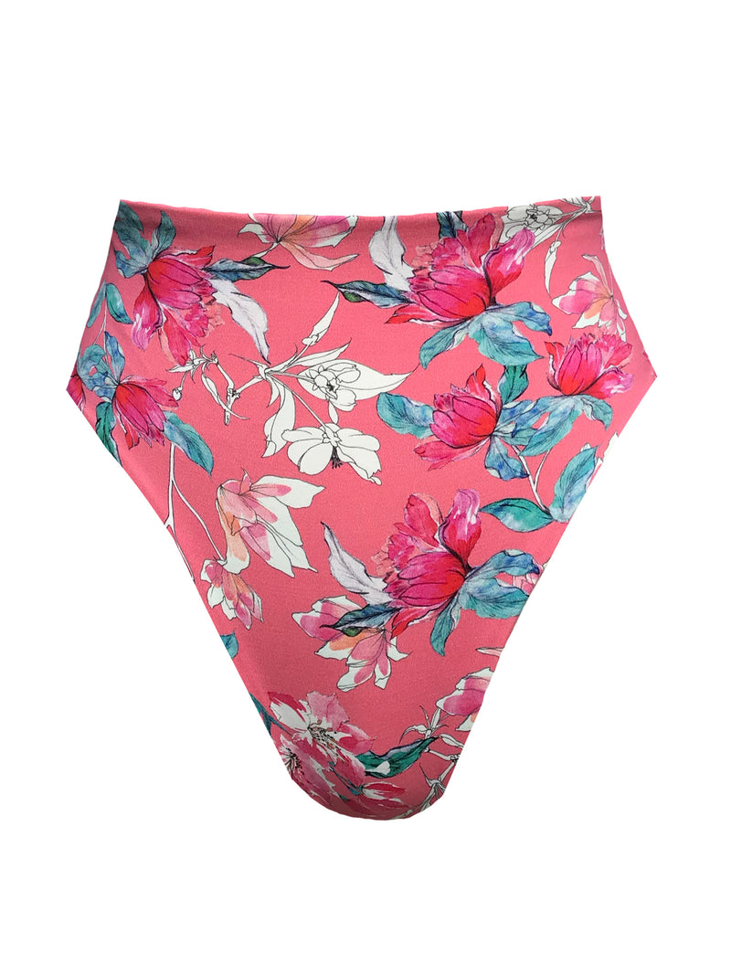 LVHR Kiera High-Waisted Bottom in pink floral print. Compressive, soft nylon swim fabric. High waist with medium back coverage. Front.