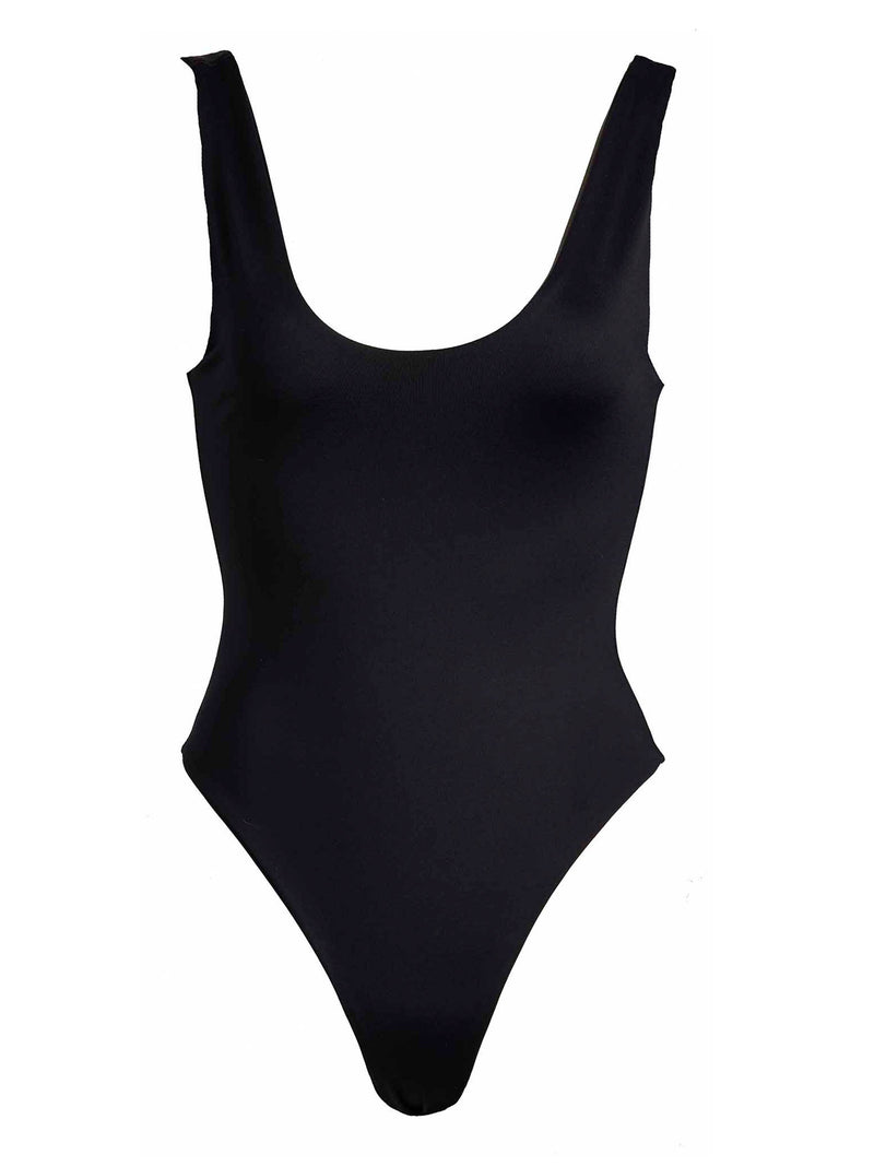LVHR Krissy One Piece in black. Compressive, soft nylon swim fabric. Scoop back with medium bottom coverage. Front