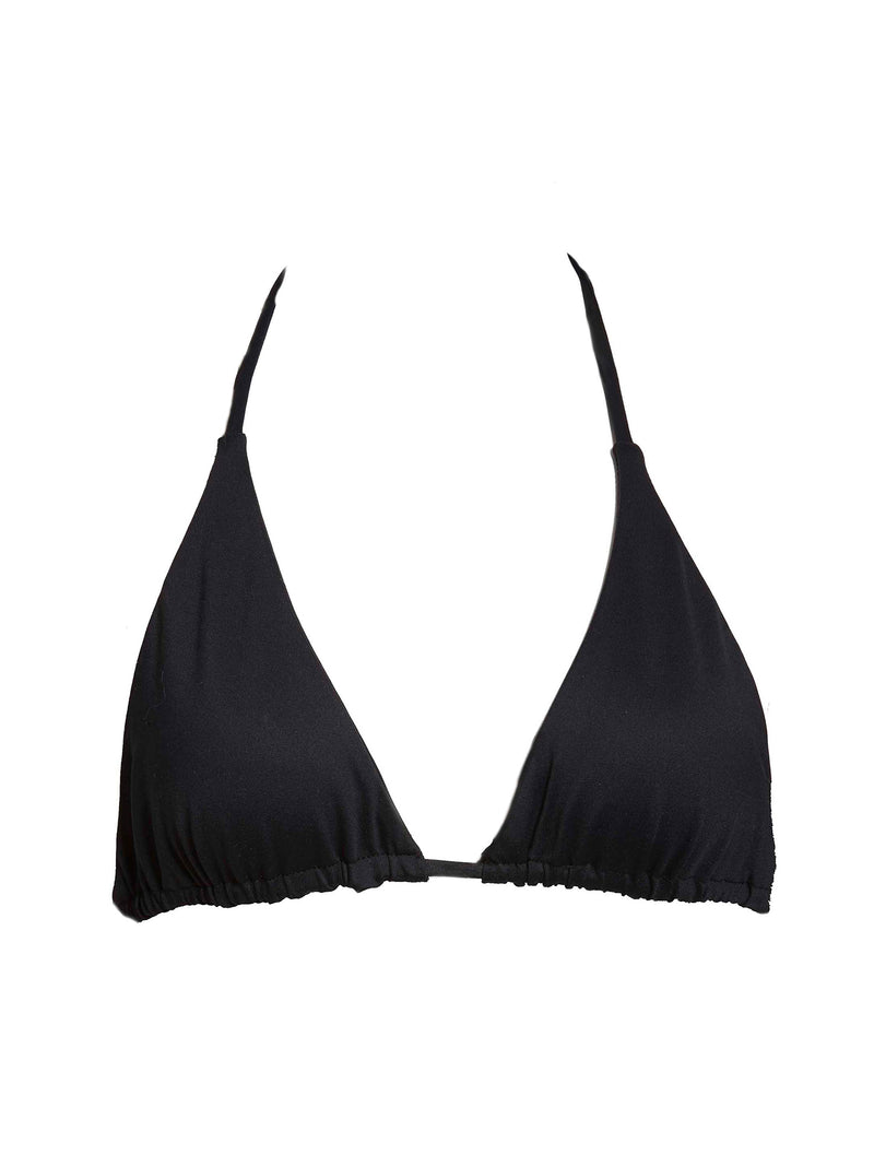 LVHR Gemma Triangle Top in black. Compressive, soft nylon swim fabric. Tie back and adjustable knots. Front
