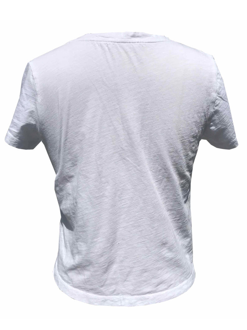 LVHR Olivia Crew in white. Slightly cropped length, crew neck, short sleeve t-shirt in organic slub cotton. Back.