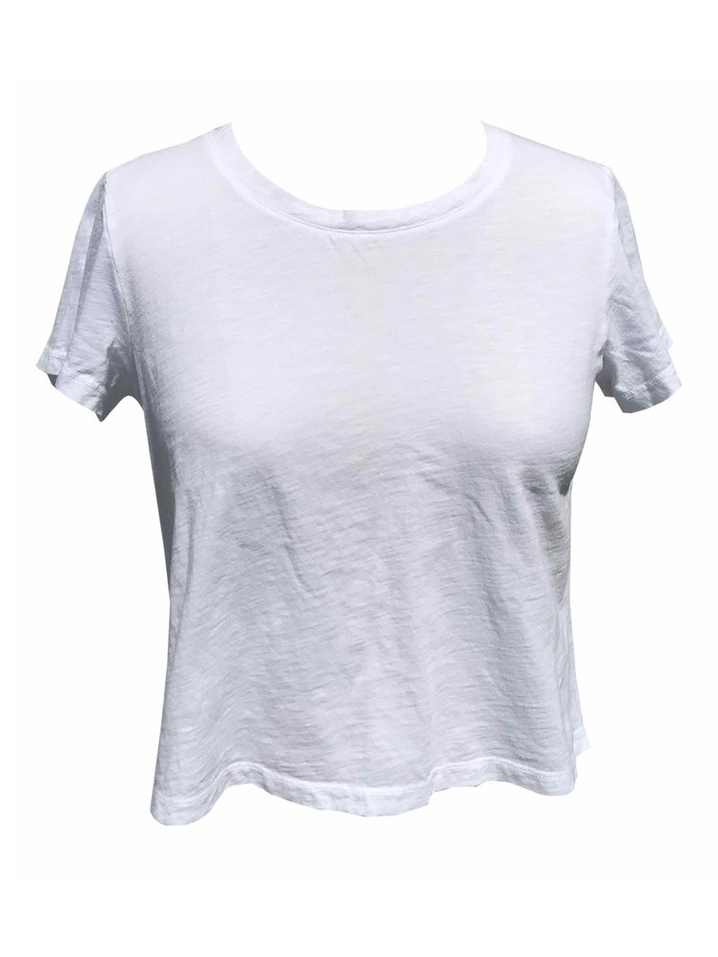 LVHR Olivia Crew in white. Slightly cropped length, crew neck, short sleeve t-shirt in organic slub cotton. Front.