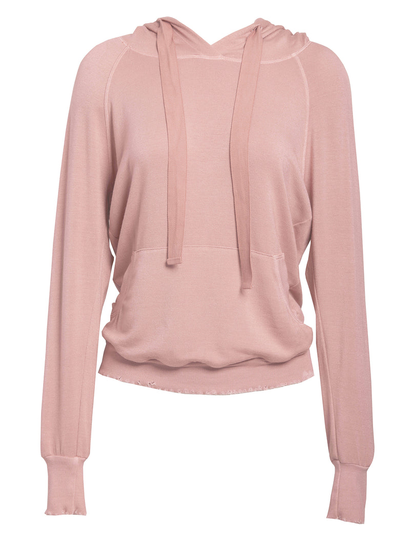 LVHR Sabina Hoodie in vintage rose. Micro modal french terry sweatshirt with lightly distressed rib cuff and hem and adjustable twill hood cinch. Front.