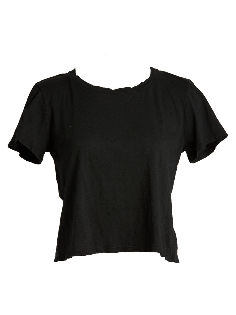 LVHR Olivia Crew in black. Slightly cropped length, crew neck, short sleeve t-shirt in organic slub cotton. Front.
