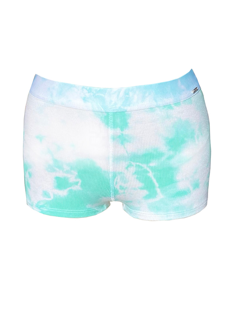 LVHR Kris Shortie bottom in mint and white tie dye. Ribbed Modal Spandex blend with soft comfort elastic waistband. Front.