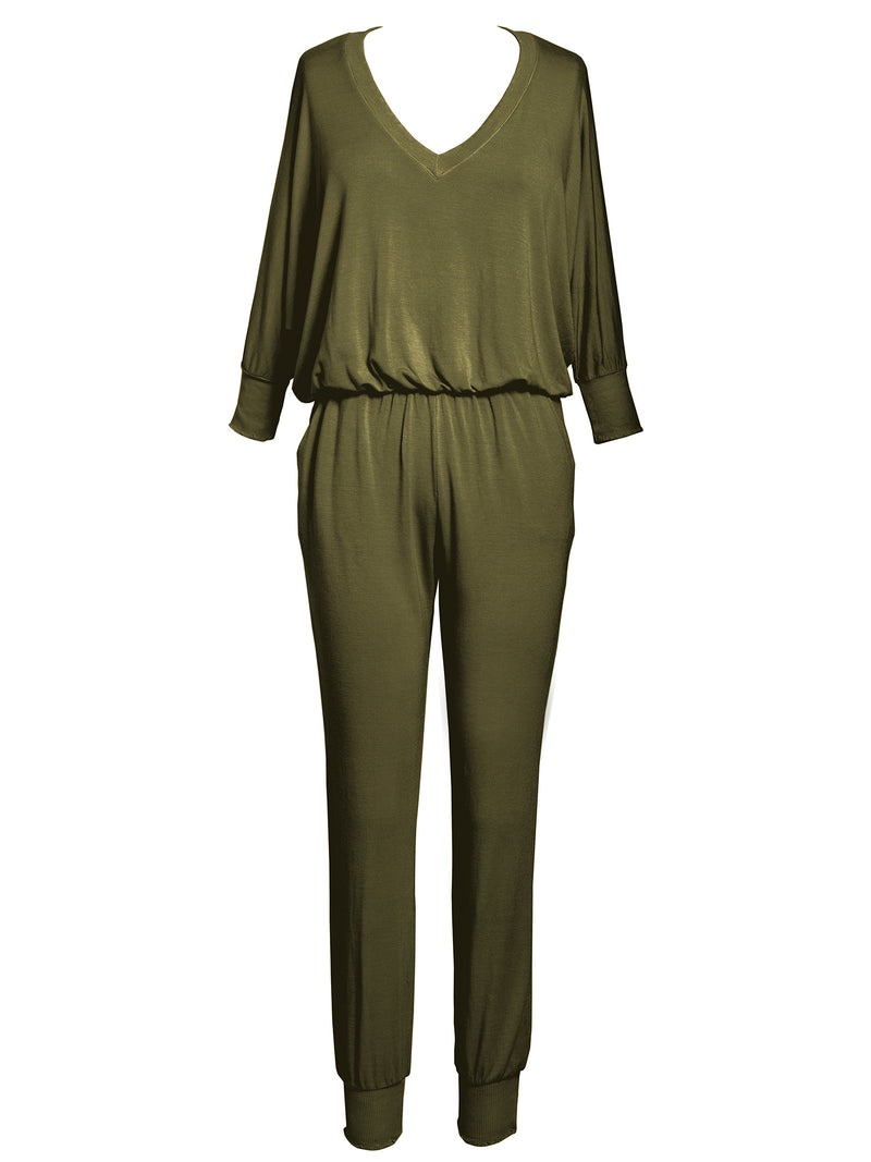 LVHR Sabina Jumpsuit in olive. Micro modal french terry jumpsuit with lightly distressed rib ankle cuffs, side pockets, elastic waist and 3/4 length sleeve. Front.