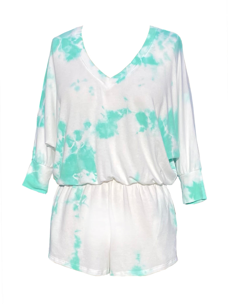 LVHR Sabina Romper in mint and white tie dye. Micro modal french terry romper with lightly distressed rib cuffs, side pockets, elastic waist and 3/4 length sleeve. Short length. Front.