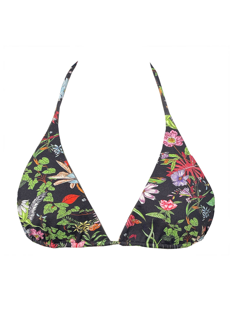 LVHR Gemma Triangle Top in botanical print. Compressive, soft nylon swim fabric. Tie back and adjustable knots. Front