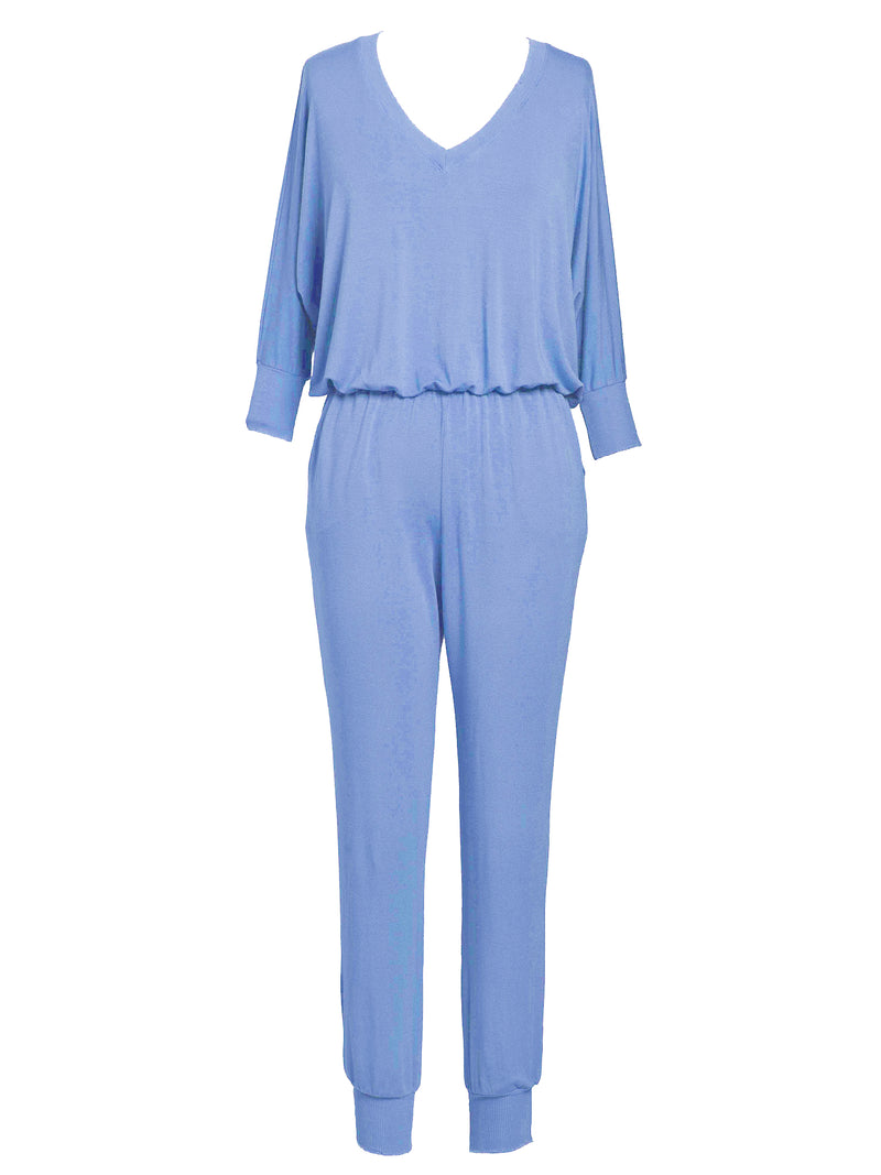 LVHR Sabina Jumpsuit in indigo. Micro modal french terry jumpsuit with lightly distressed rib ankle cuffs, side pockets, elastic waist and 3/4 length sleeve. Front.