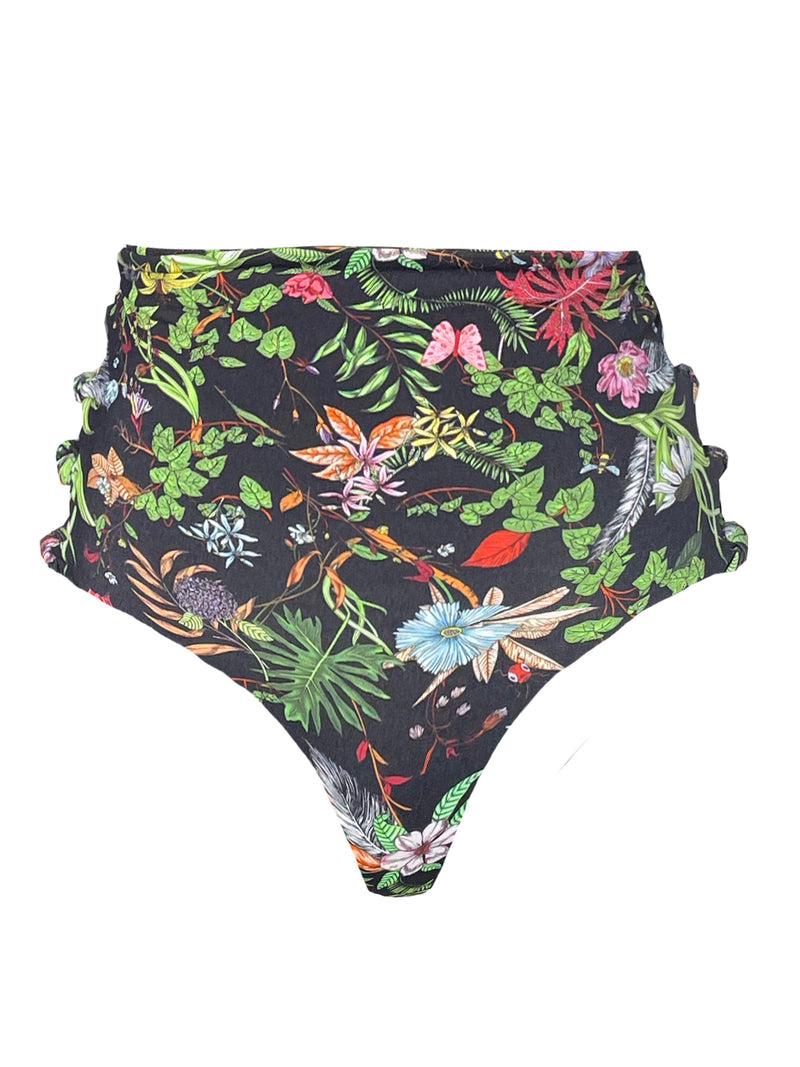 LVHR Madison High-Waisted bottom in botanical print. Compressive, soft nylon swim fabric. Side cut outs and cheeky back coverage. Front