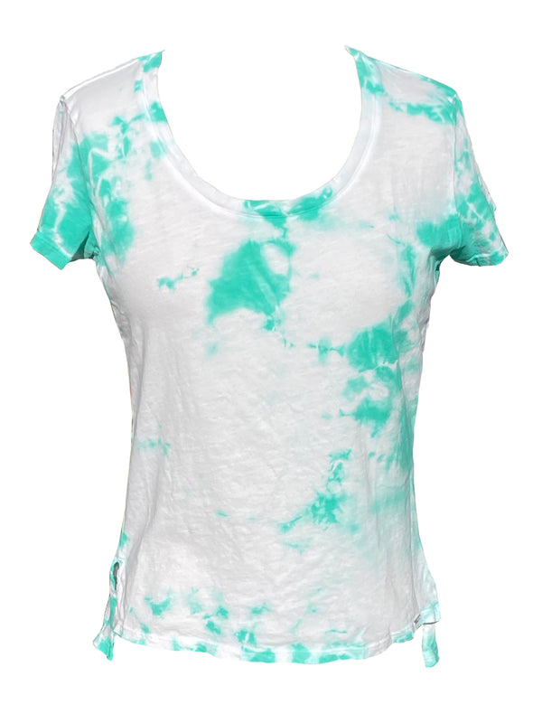 LVHR Nola Crew in mint and white tie dye. Crew neck, short sleeve t-shirt in organic cotton. Front.