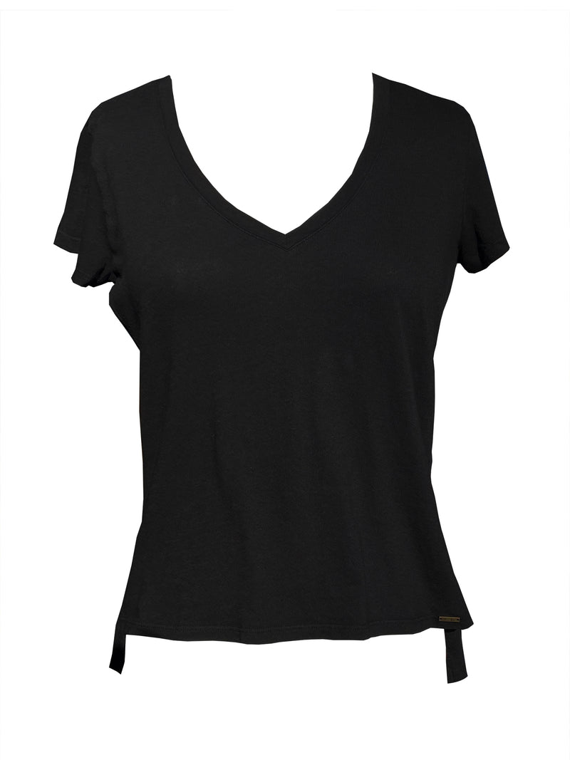 LVHR Nola V Neck in black. V neck, short sleeve t-shirt in organic slub cotton. Front.
