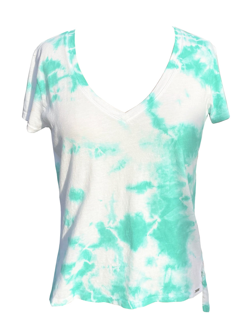 LVHR Nola V Neck in mint and white tie dye. V neck, short sleeve t-shirt in organic slub cotton. Front.