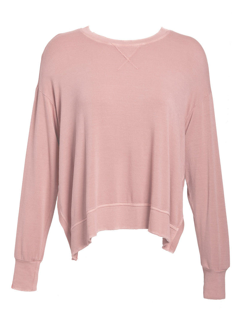 LVHR Sabina Crew in vintage rose. Micro modal french terry sweatshirt with slightly distressed rib cuff and hem and side slits. Front.