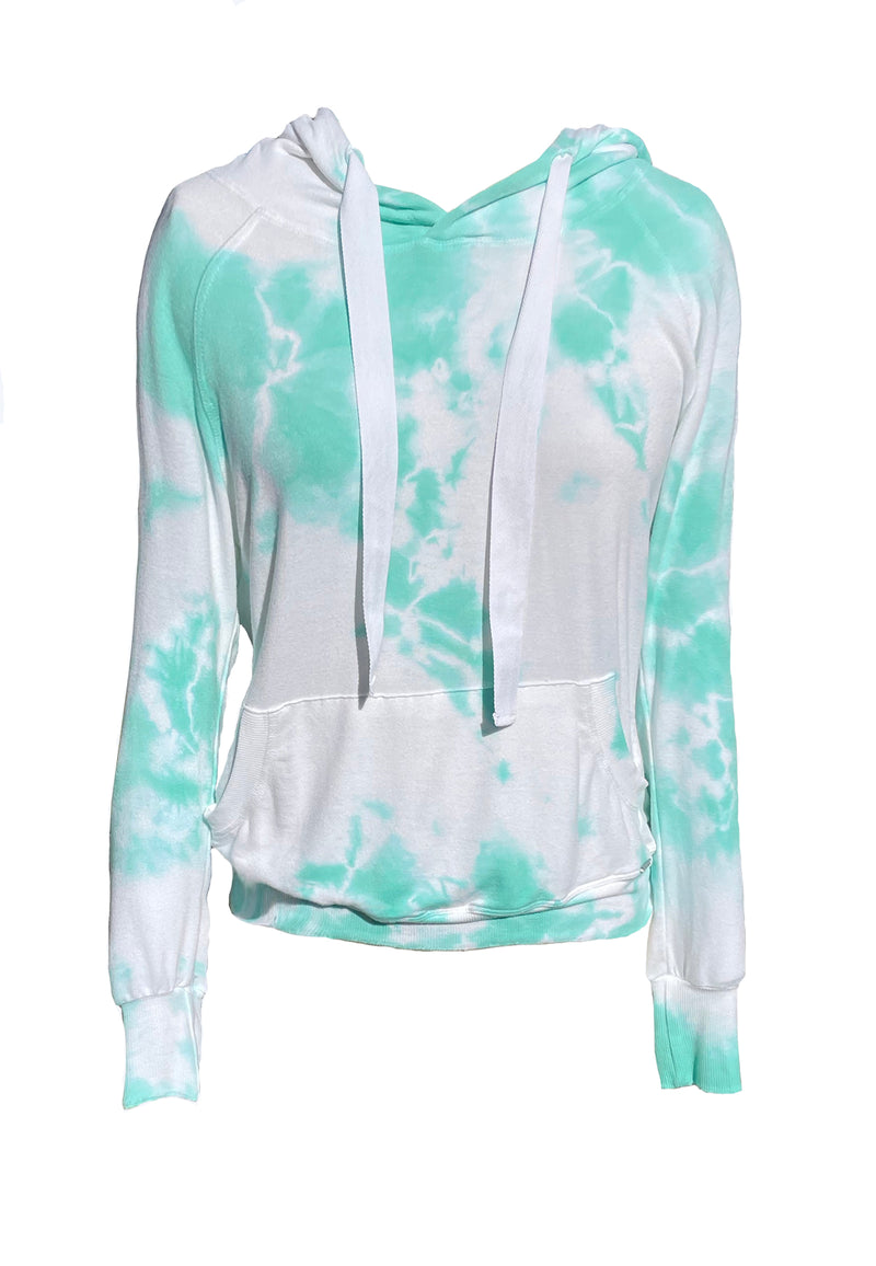 LVHR Sabina Hoodie in mint and white tie dye. Micro modal french terry sweatshirt with lightly distressed rib cuff and hem and adjustable twill hood cinch. Front.