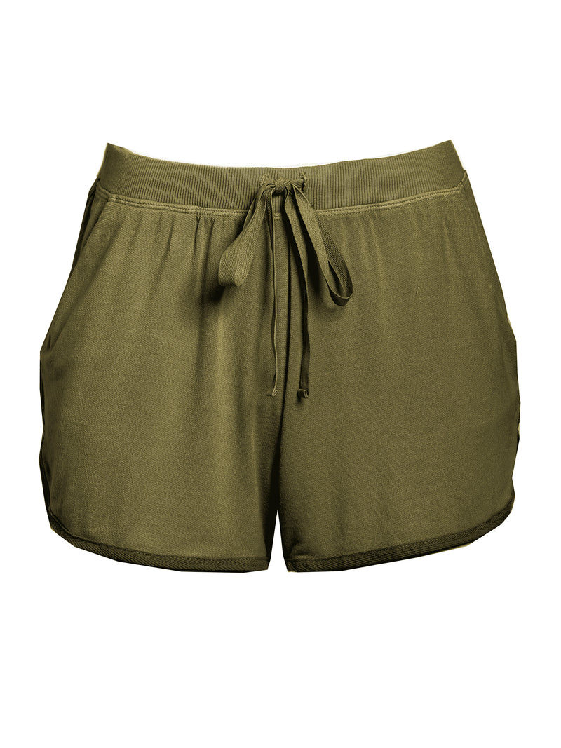LVHR Sabina Shortie in olive. Micro modal french terry short with side twill tape detail, side pockets, adjustable drawstring and elastic waistband. Front.
