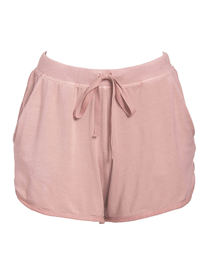 LVHR Sabina Shortie in vintage rose. Micro modal french terry short with side twill tape detail, side pockets, adjustable drawstring and elastic waistband. Front.