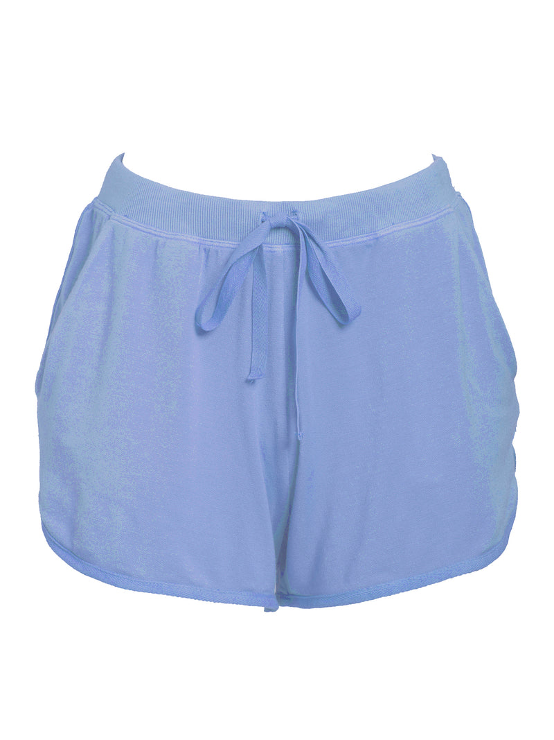LVHR Sabina Shortie in indigo. Micro modal french terry short with side twill tape detail, side pockets, adjustable drawstring and elastic waistband. Front.