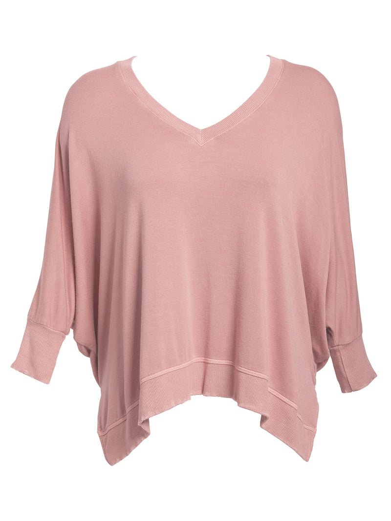 LVHR Sabina V Neck in vintage rose. Micro modal french terry domain 3/4 sleeve top with slightly distressed rib cuff and hem and side slits. Front.