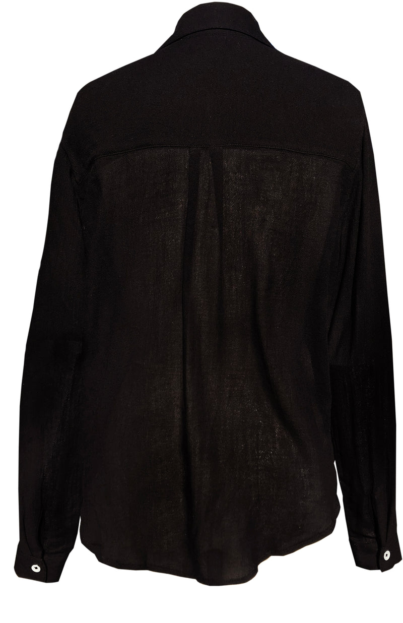 LVHR Nikki Button Up in black. Semi-sheer soft bamboo cotton with collar, cuffs and metal buttons. Back.