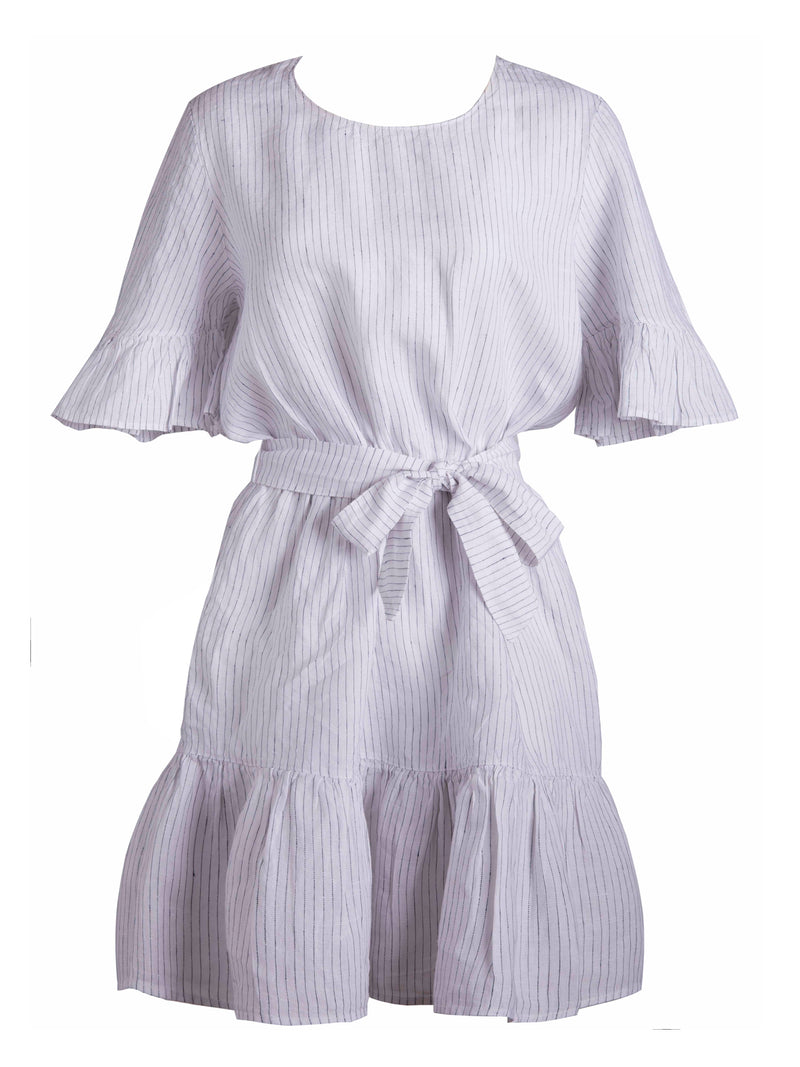 LVHR Simone Dress in white and navy pinstripe. Made from washed linen this dress has an elastic waist, sash tie and ruffled hem. Front.