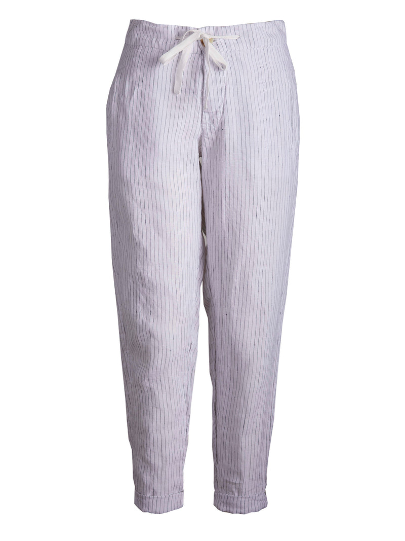 LVHR Taylor Crop Pant in white and navy pinstripe. Washed linen slightly cropped pant with front pockets and adjustable drawstring waistband. Front